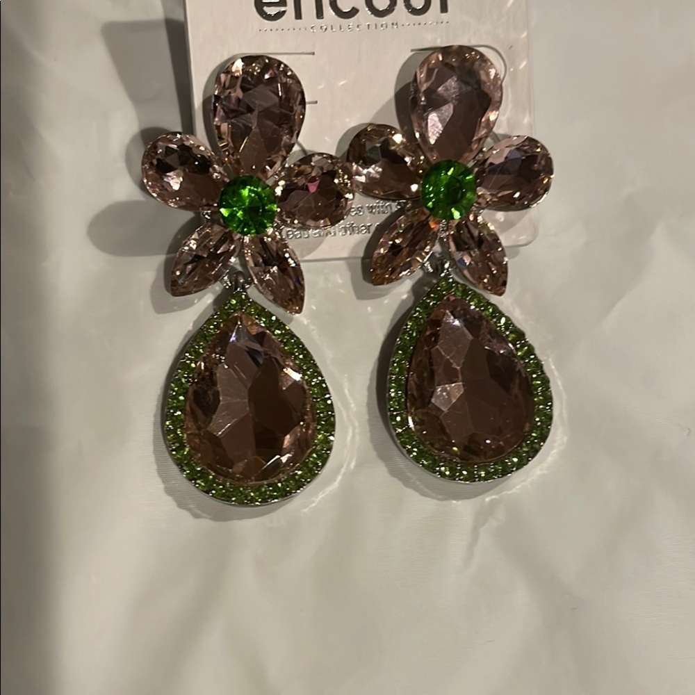 Elegant Floral Rhinestone Earrings - Pink and‎ Green